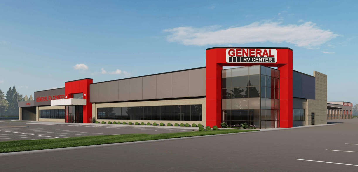 A rendering of the General RV Center dealership building in North Carolina with a red and black sign.