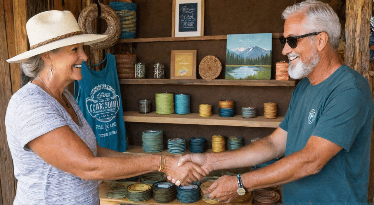 A man and woman shaking hands in front of a store at a local event.
