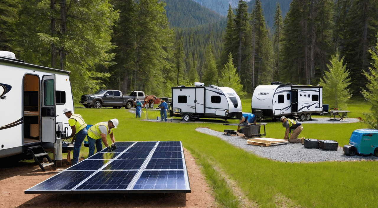Installation of low-impact infrastructure solar panels at a forested campground with people working.