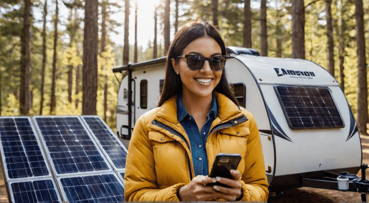 Woman using smartphone with solar panels and an RV in the background, showcasing eco-conscious travel.
