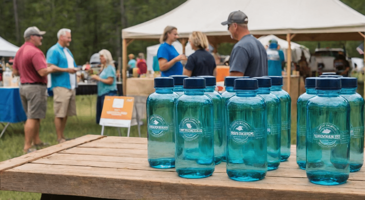 Row of blue water bottles on a wooden table with people socializing in the background at an outdoor event, showcasing sustainable success through local partnerships.