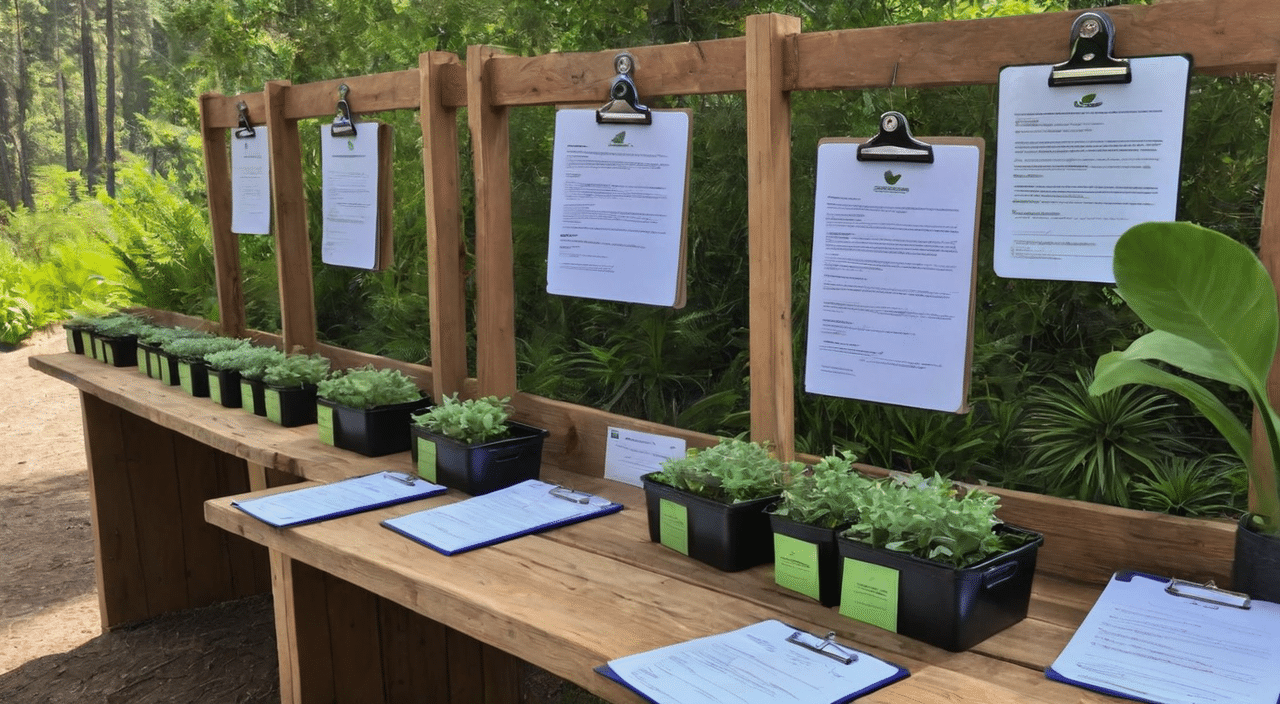 A row of clipboards with documents attached, detailing the sustainability journey, and potted plants are placed on a wooden table to engage guests at an outdoor event or plant sale.