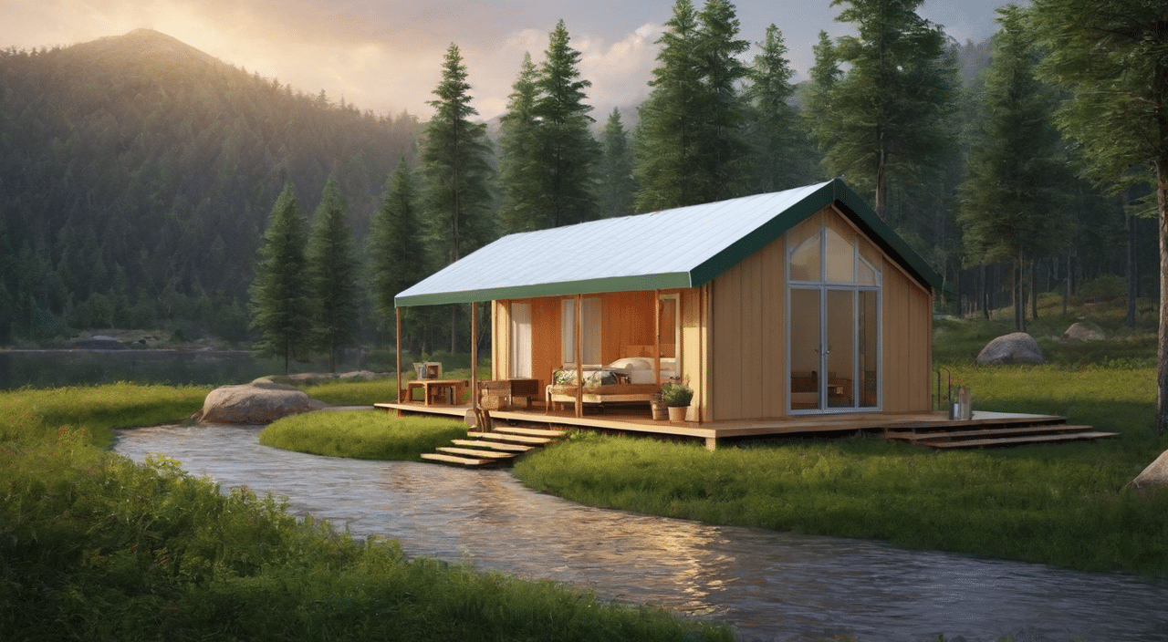 A serene cabin by a stream in a forest, designed for water-wise use, at sunset.