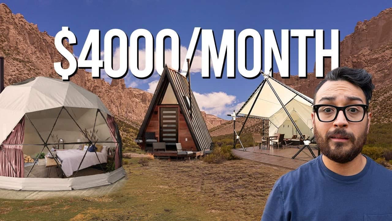 A man is standing in front of a tent with the words $400 a month, renting tents.