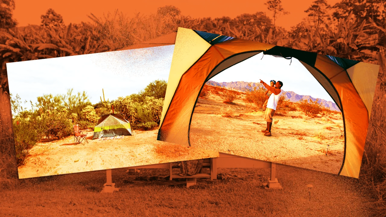 Two pictures of a person standing in front of a tent during their camping trip.
