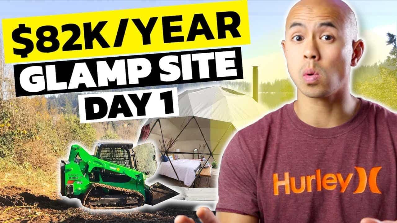 A man is standing in front of a non-traditional camp site with the words $82k year glamp site day 1, experimenting with passive incomes.