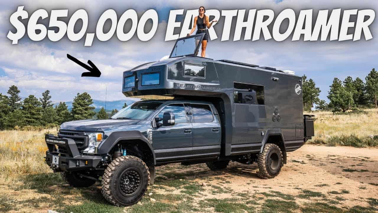 An Earthroamer truck with a camper on top of it, priced at $650,000.
