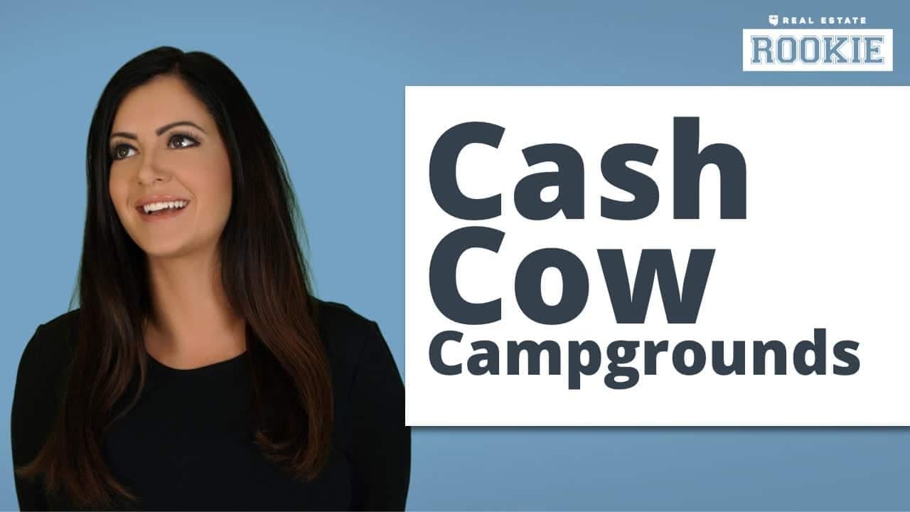In front of a cash cow campground, a woman stands confidently against a blue background.