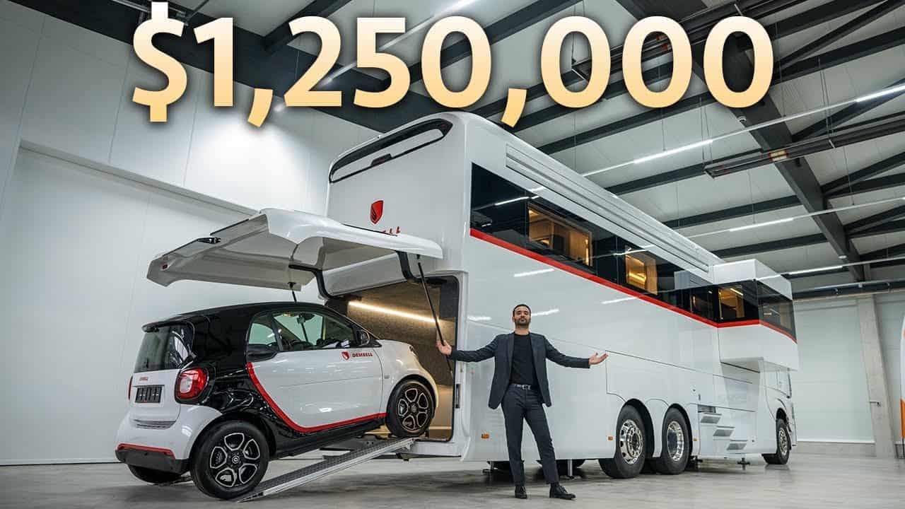 An adventurous man is standing next to a futuristic smart motorhome.