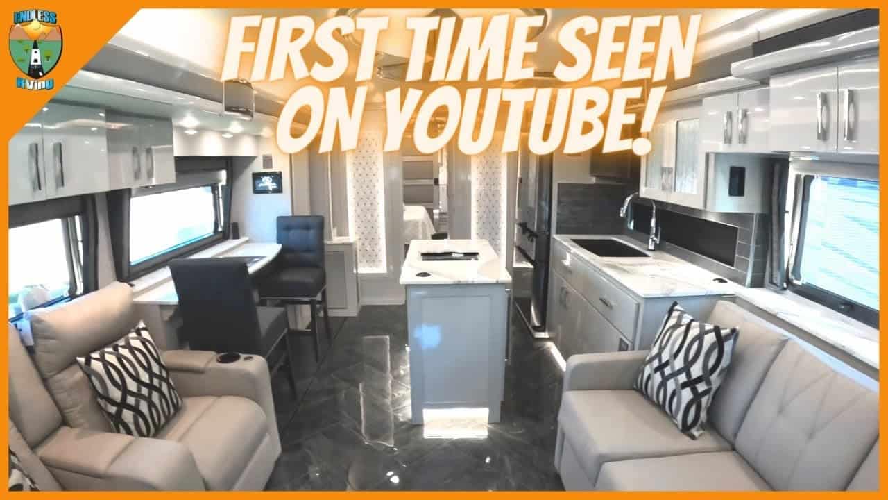 A brand-new 2022 American Eagle 45E RV showcasing its first-time features seen on YouTube.