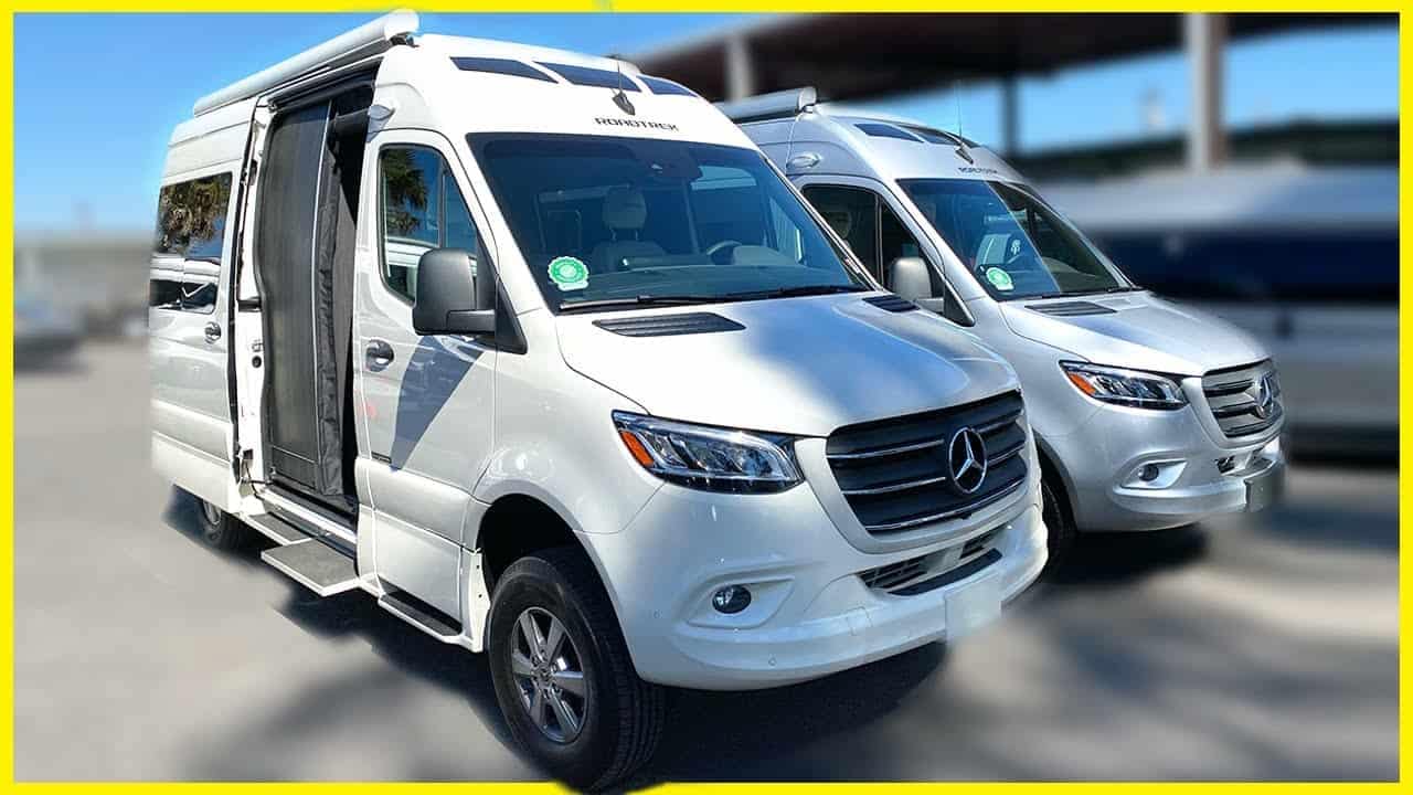 Two Class B Sprinter RVs, a 2022 Roadtrek SS Agile 144 and another, parked next to each other in this scene.