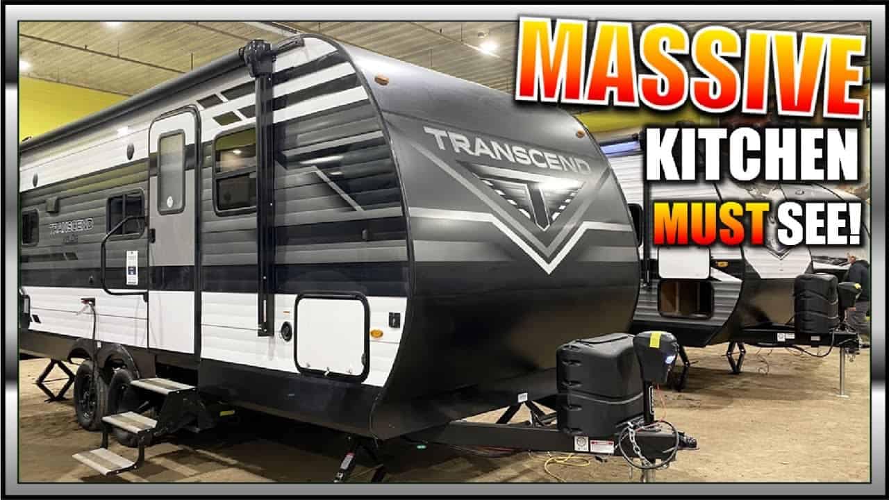 A travel trailer with a massive kitchen.