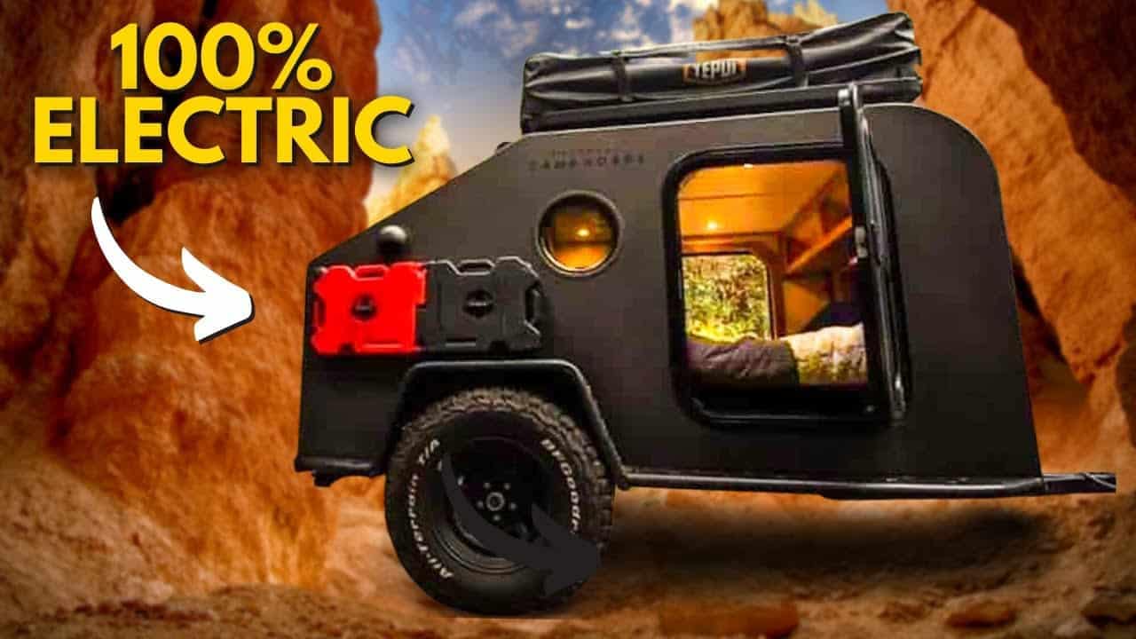 A black teardrop camper, 100% electric.