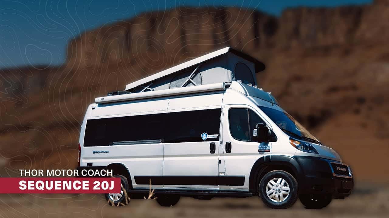 A white motor coach with the words Thor Sequence 2020.