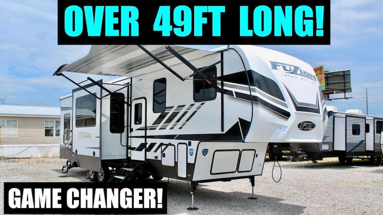 A Toy Hauler rv with a game changer ad featuring the 2022 Keystone Impact 367.