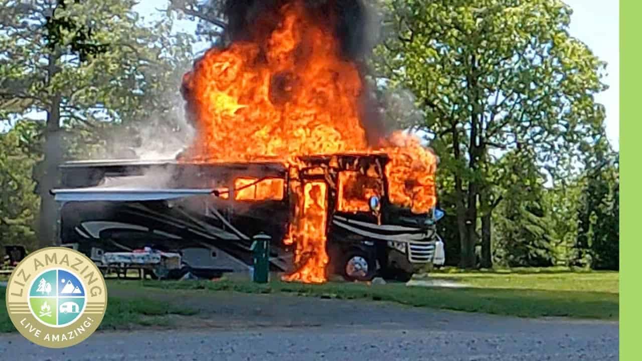 In the park, a blazing RV serves as a harsh reminder of the importance of fire prevention tips.