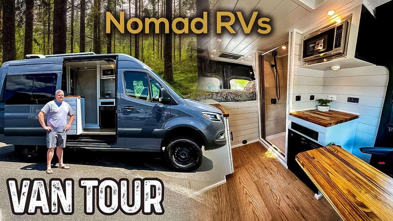 A man is standing next to a custom campervan conversion Sprinter van.