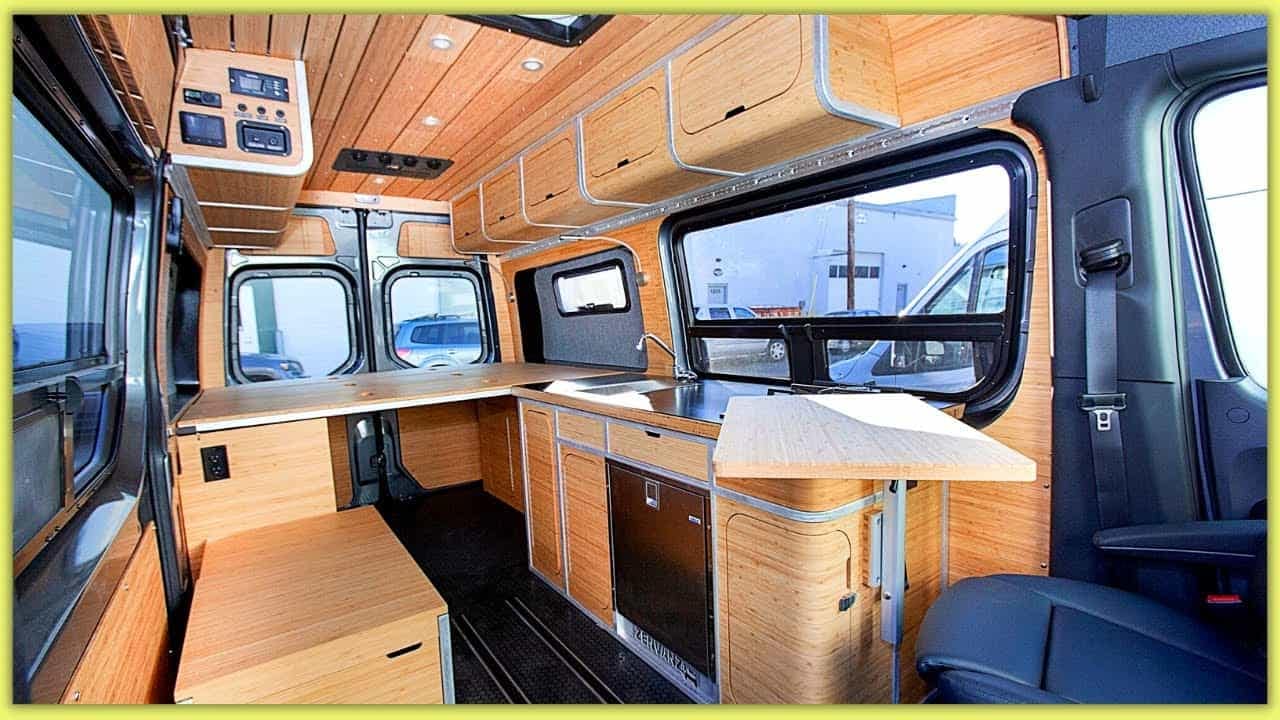 The interior of a camper van, featuring bamboo interiors.