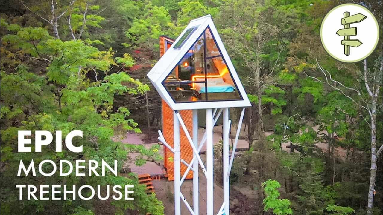 An epic modern treehouse perched high in the sky.