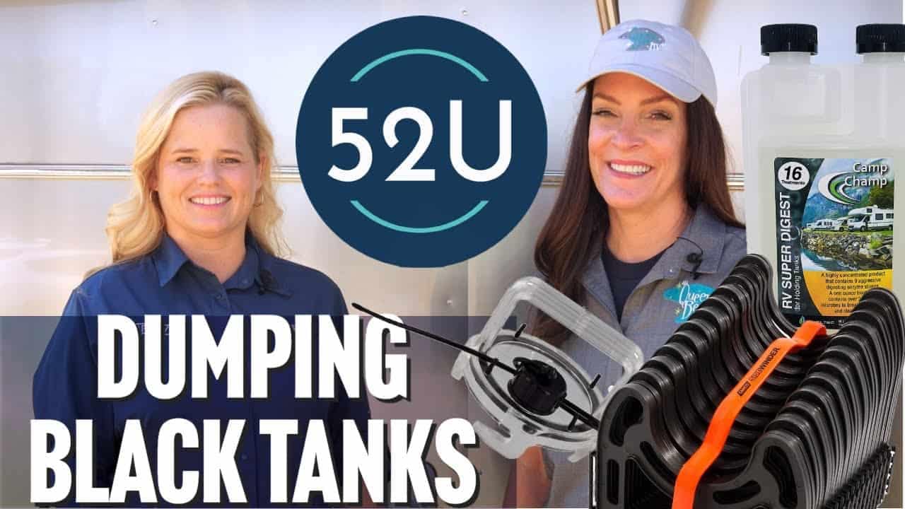Two women standing next to each other, demonstrating RV Maintenance Tips by dumping black tanks.