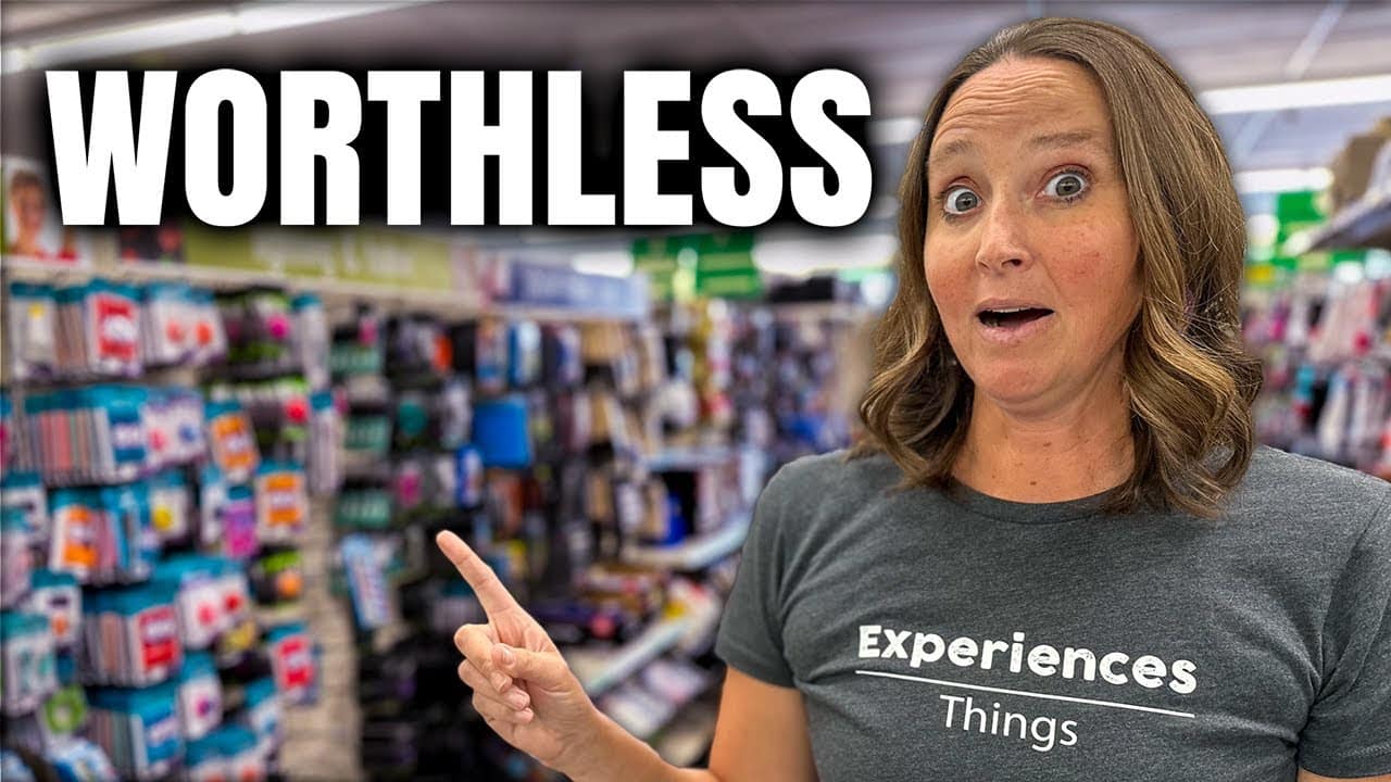 A woman standing in a store with Avoid worthless experiences signage.