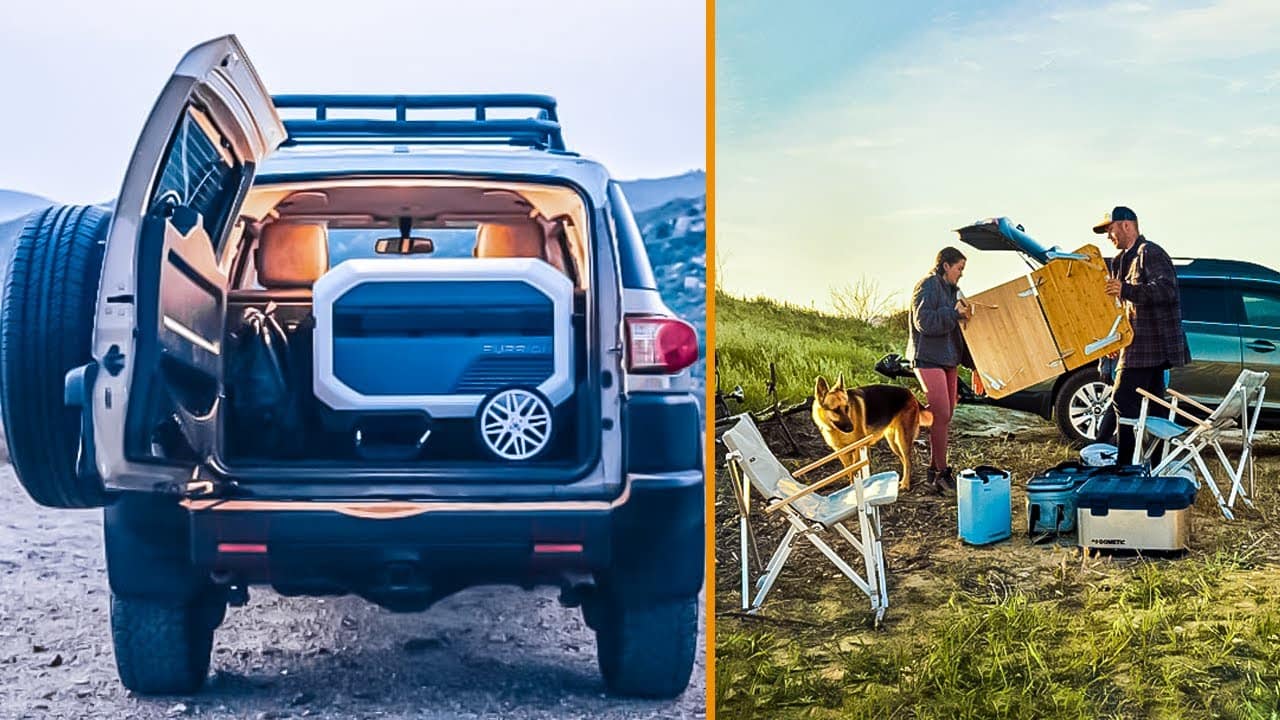 Two pictures showcasing car camping accessories and gadgets inside a truck with a camper in the back.