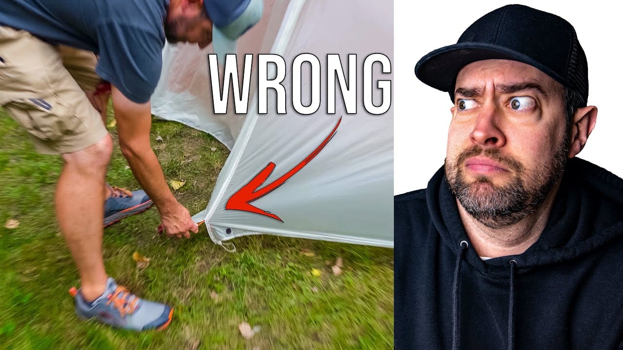 A man with a hat and a tent labeled "wrong tent" in the Optimal Tent Camping Guide.