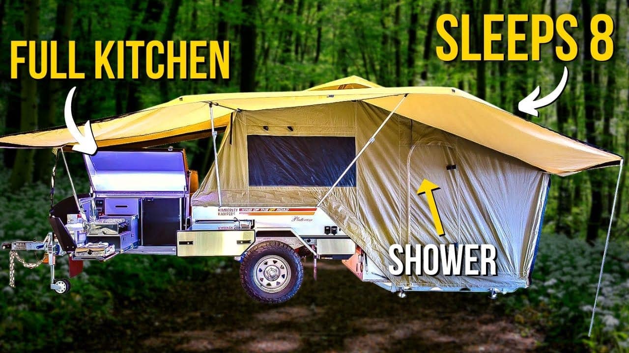 An innovative camper trailer with a full kitchen and shower, perfect for off-road adventures.