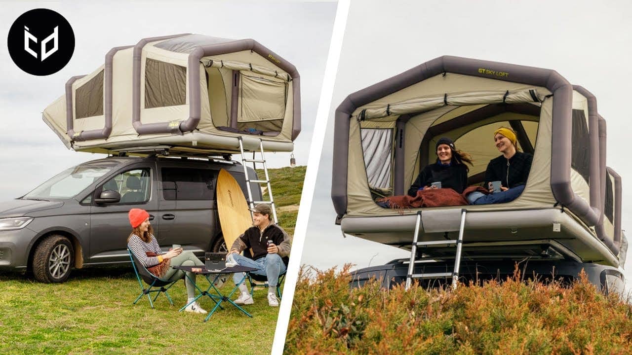 Two pictures showcasing an innovative tent attached to a van, perfect for unforgettable outdoor adventures.