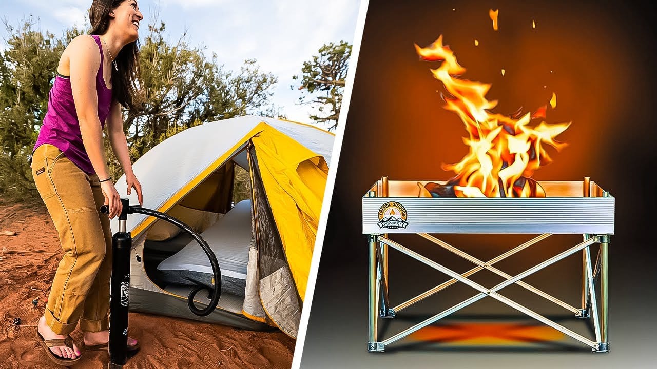 A woman is standing in front of a tent with a fire pit, providing a comprehensive review of camping gadgets.