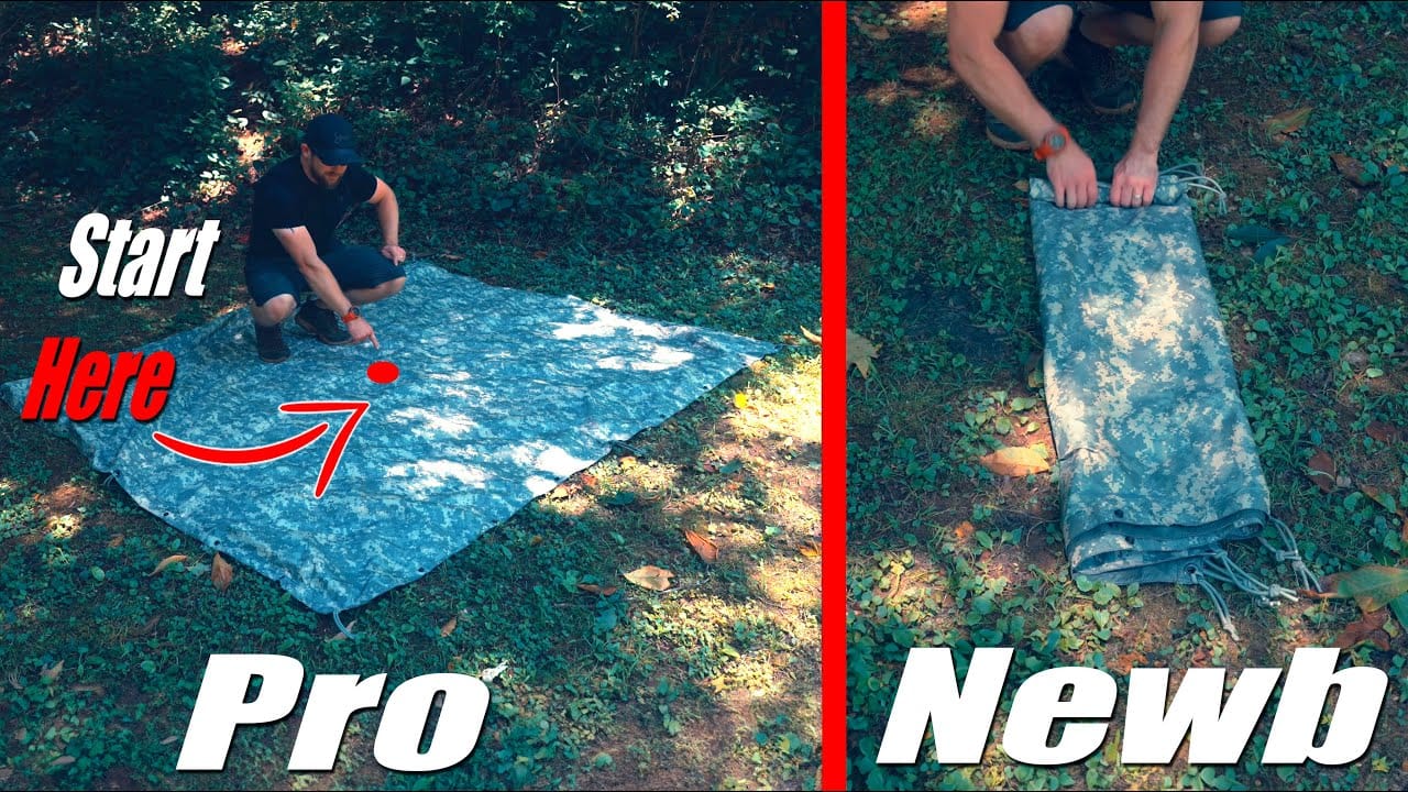 A man is mastering the art of camping outdoors, laying down a blanket on the ground.