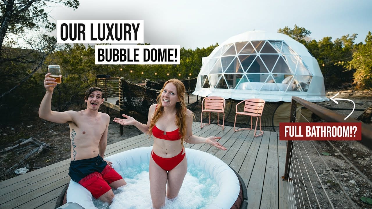 A pair of individuals enjoying the luxury glamping experience inside a mesmerizing desert dome house in Texas.