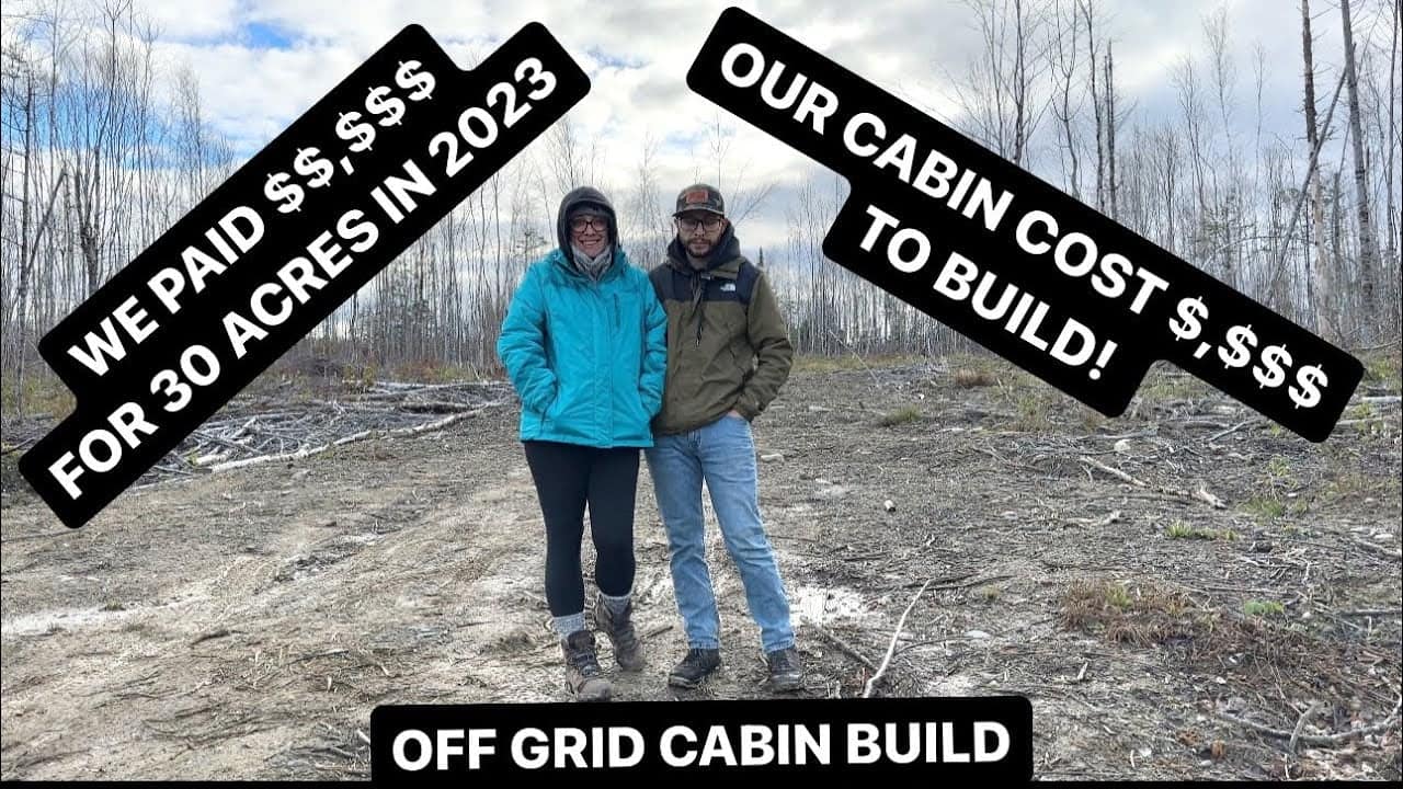Two people embarking on a financial journey in a wooded area as they start going off-grid by building their own cabin.