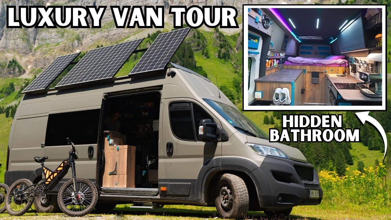 Experience a futuristic campervan tour with the convenience of a luxury van decked out with solar panels and including a bicycle for exploring.