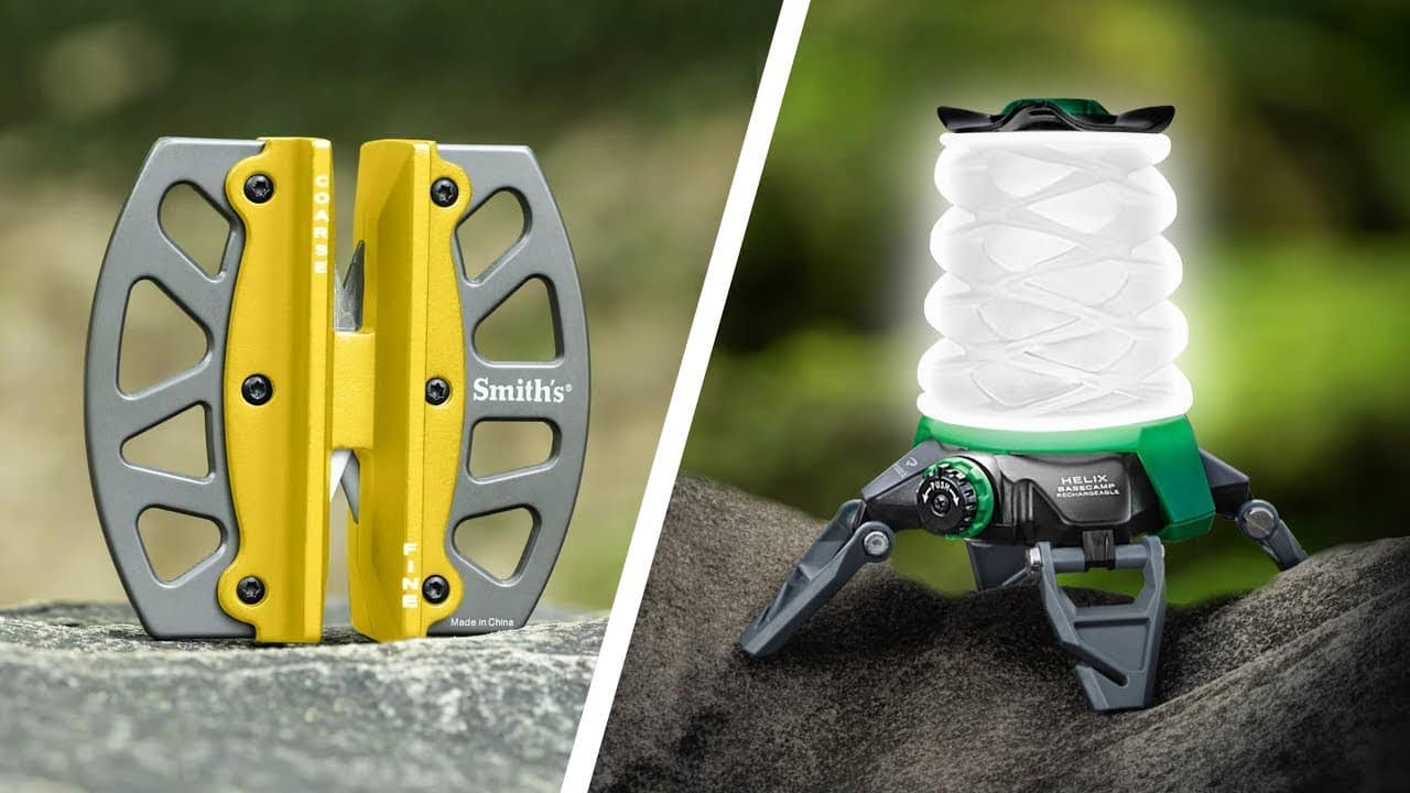 Two pictures of a flashlight and a lantern, essential camping gear.