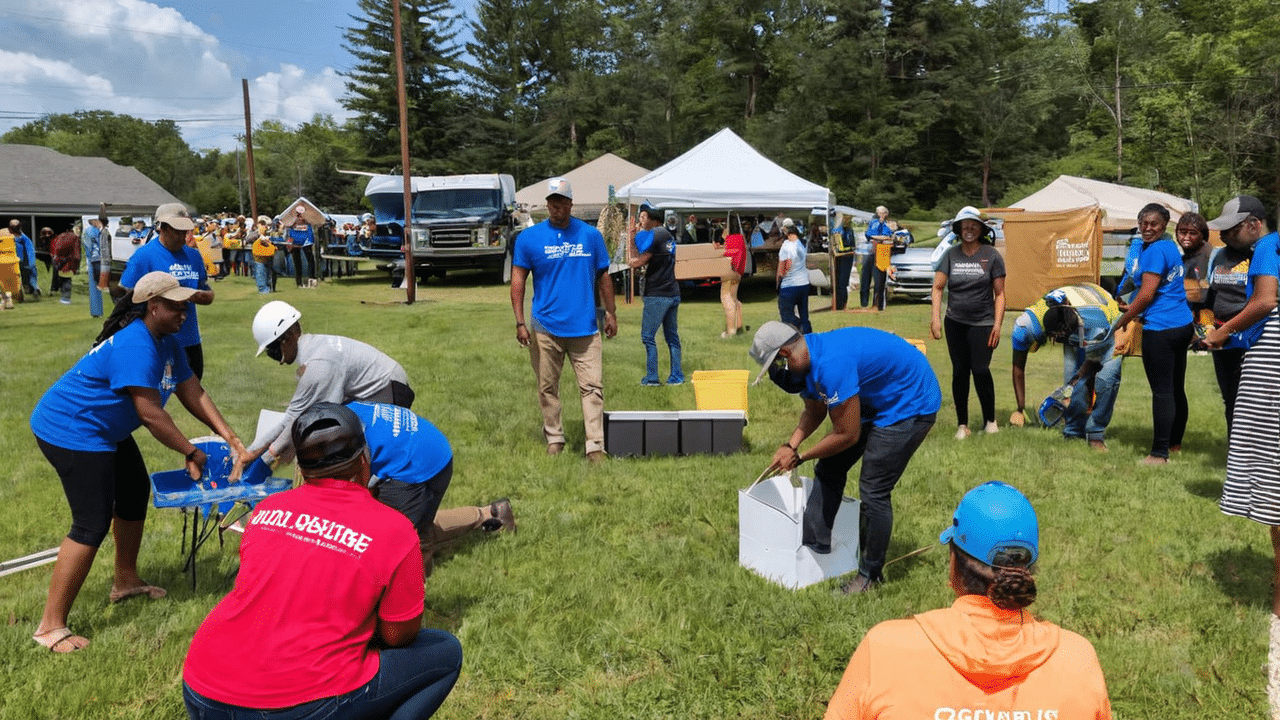A group of volunteer people in blue shirts standing in a grassy area.