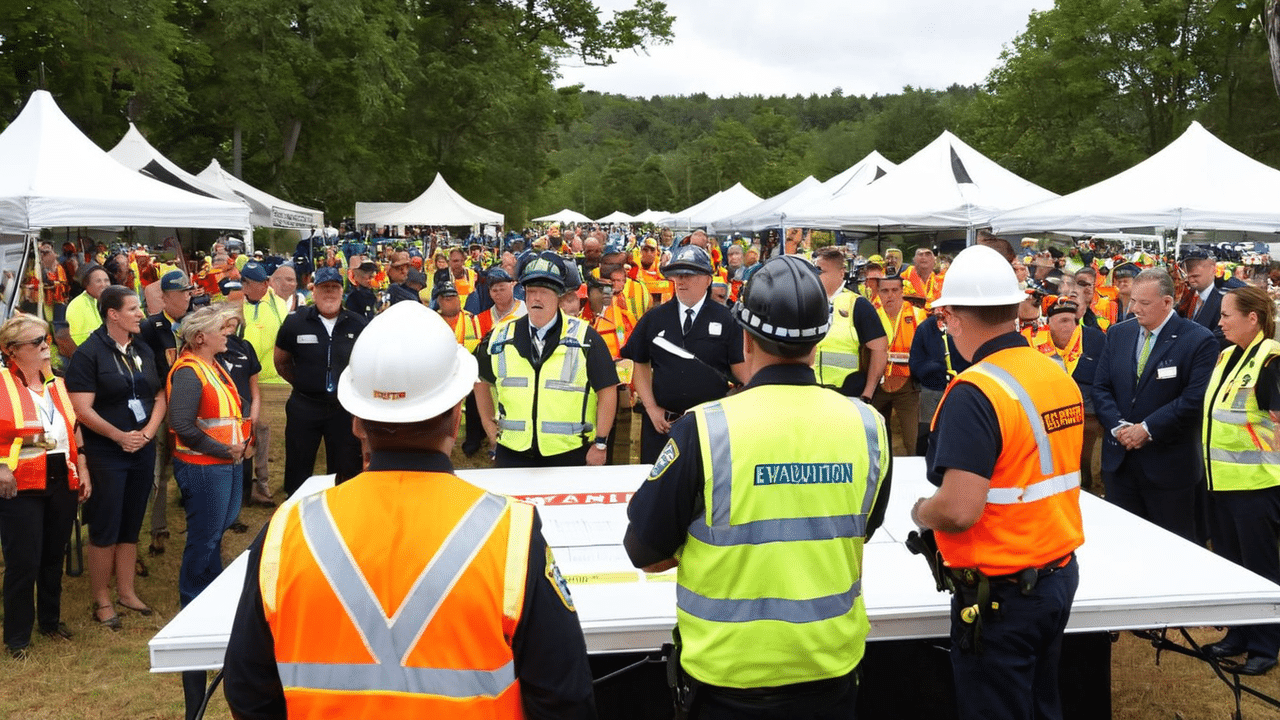 A group of construction workers standing around a table at an outdoor event.