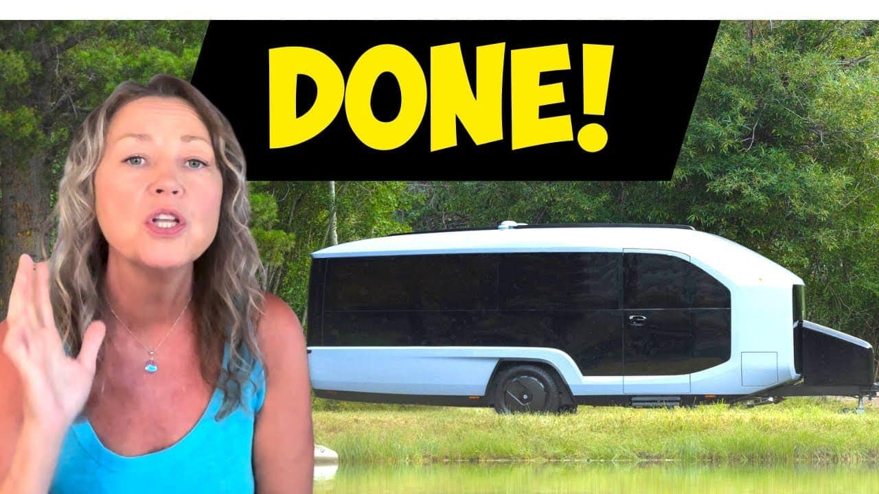 A woman gesturing with her hand in front of an image of a modern trailer with the word "done!" displayed at the top.