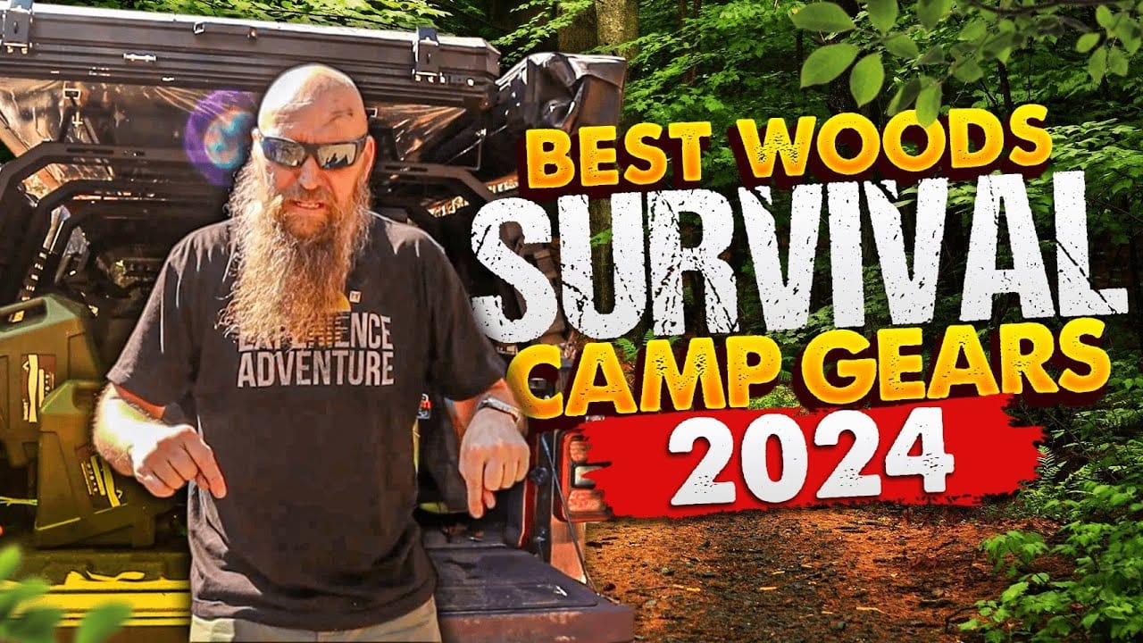 Bearded man presenting survival camping gear in the woods for 2024.