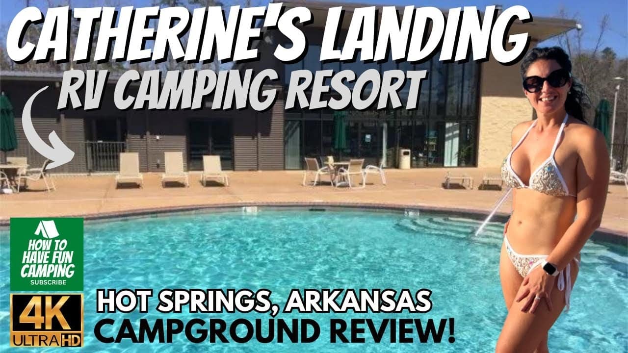 A woman in a bikini stands by a pool at Catherine's Landing RV camping resort in Hot Springs, Arkansas, with SEO keywords and logos.