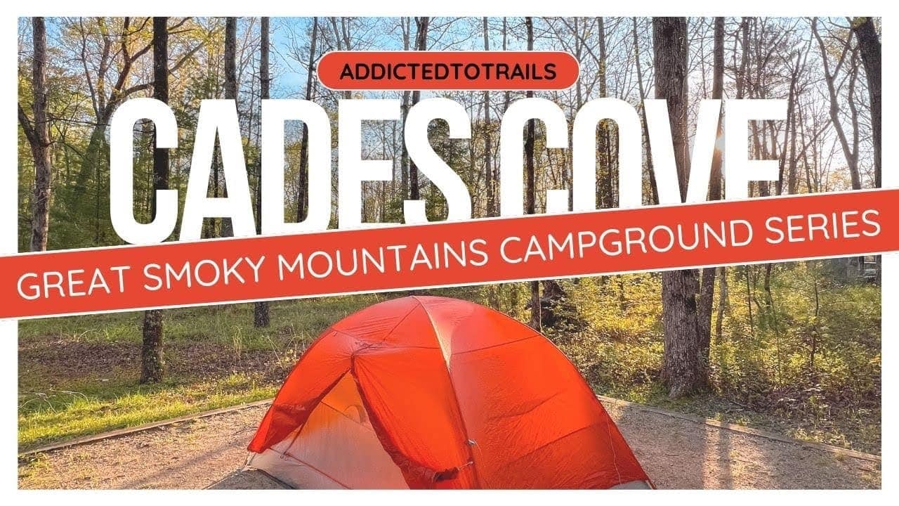 Promotional image featuring a text overlay "cades cove - great smoky mountains campground series" with an orange tent in a forest setting at sunset, auto draft.