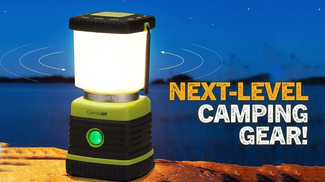 A solar-powered camping lantern illuminating at night by a lakeside, with text "Auto Draft" on a starry sky background.