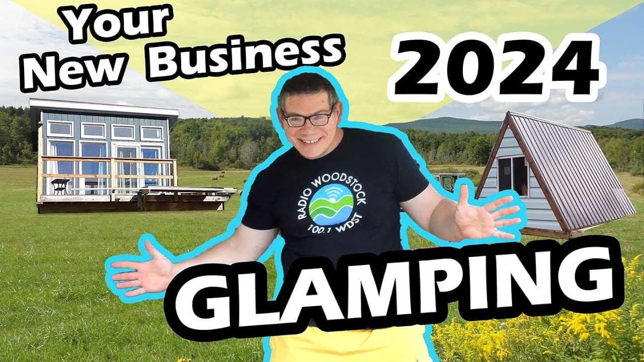 Man with glasses and a blue t-shirt gestures excitedly in front of images of a cabin and a tent labeled 'glamping', with text "your new business 2024" above.