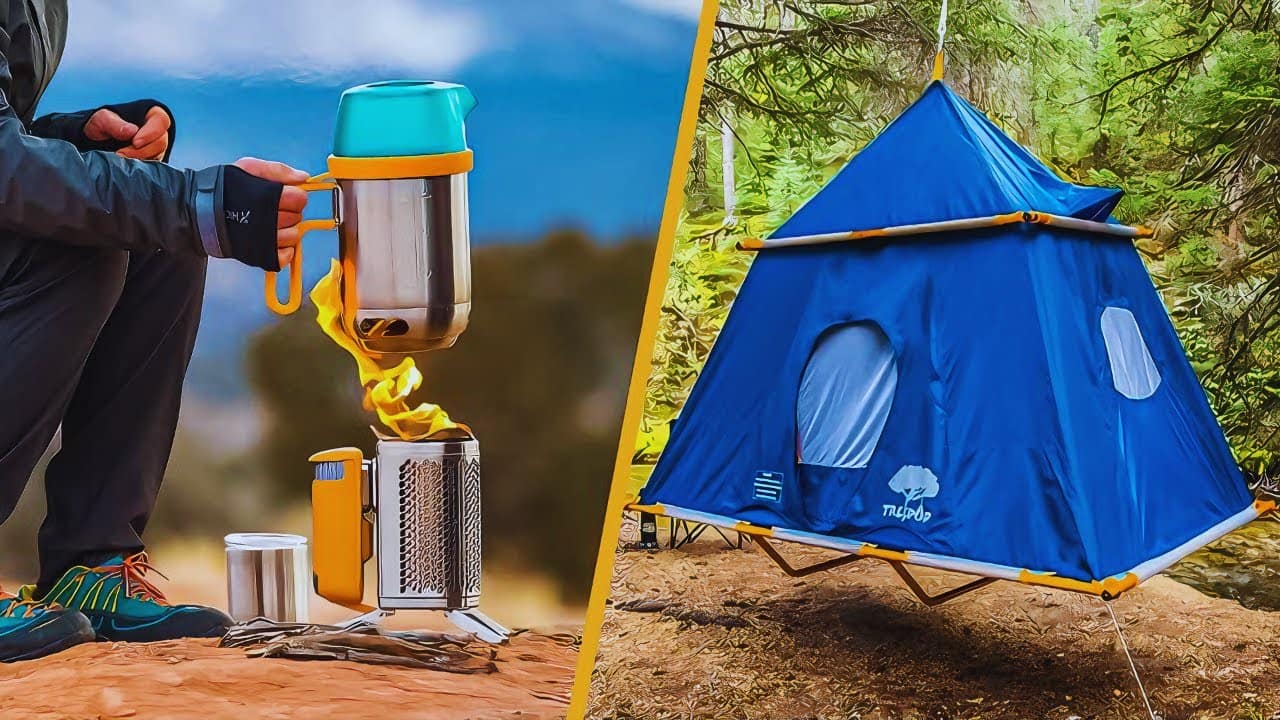 A person is brewing a drink on a portable stove with a flame, the aroma wafting through the air. Nearby, an auto-draft blue tent is suspended above the ground in a forested area, blending seamlessly with nature's tranquil beauty.