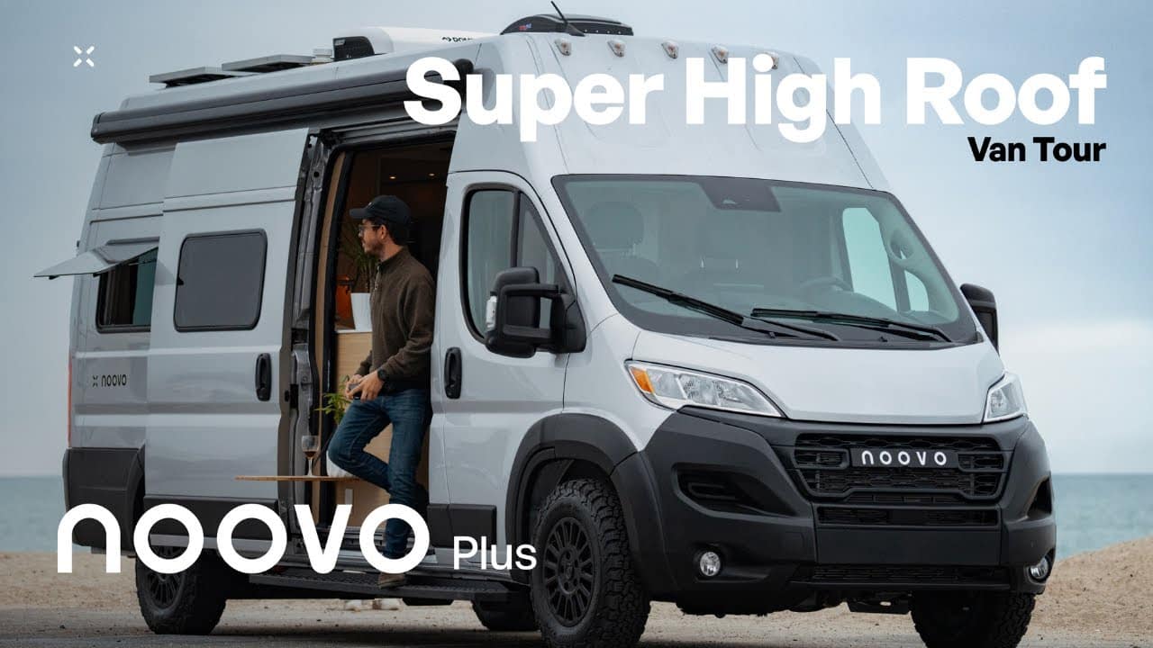 A person standing by the open sliding door of a parked camper van labeled "noovo" with the text “Super High Roof Van Tour” and “noovo Plus” displayed on the image. This scene could be straight out of an Auto Draft for a modern travel adventure.