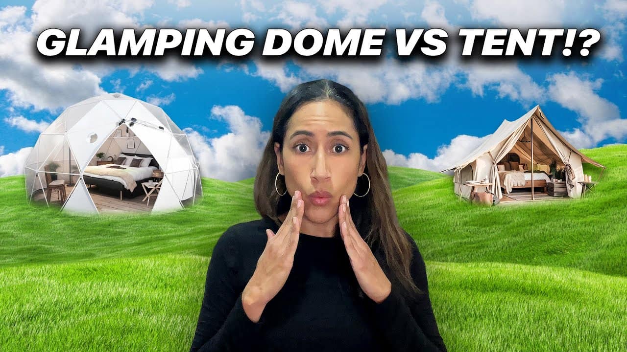 Woman with a surprised expression standing between images of a glamping dome and a tent set on green hills, under a partly cloudy sky.