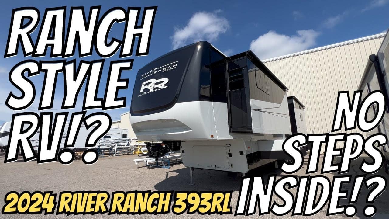 A large fifth-wheel RV labeled "River Ranch 395RL" parked under a clear sky, featuring a prominent caption about its Auto Draft ranch style and lack of interior steps.