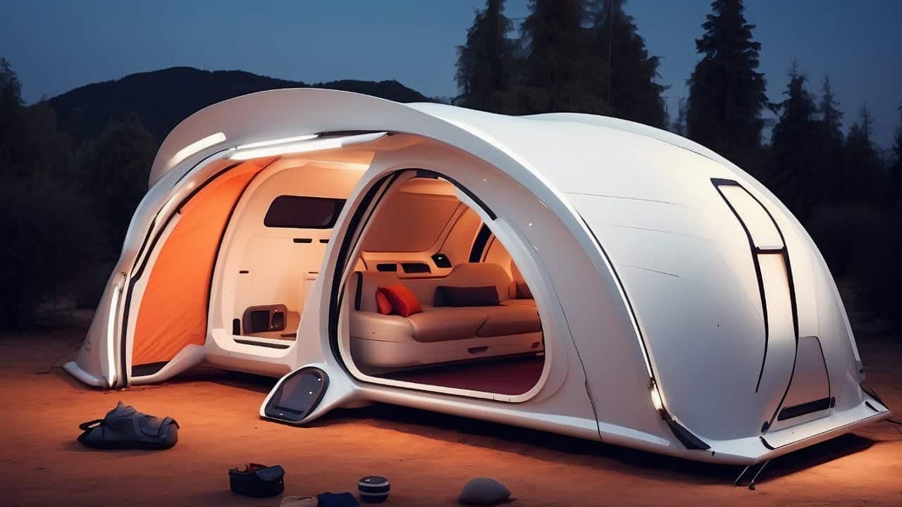 A futuristic white tent with illuminated interiors, featuring modern furniture and large openings, set up in a natural, wooded area at dusk, blends seamlessly into the scene, resembling an auto draft from an architect’s blueprint.