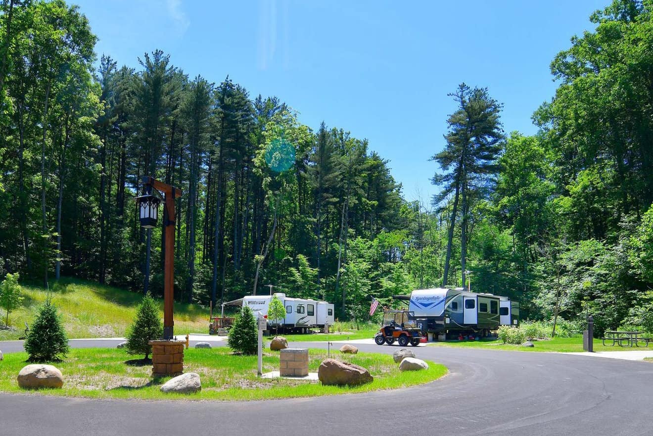 Camping in an Rv park nestled in the woods, gaining popularity with affordable gas prices.