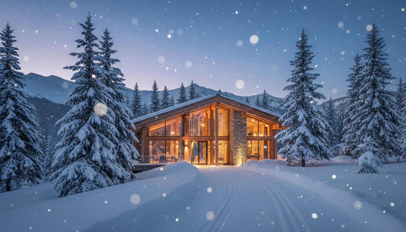 Contemporary alpine lodge with timber and stone facade at dusk, floor-to-ceiling windows glowing, snow-dusted evergreens, curved snowy path with faint ski tracks, distant mountain ridge under a twilight sky with light snowfall